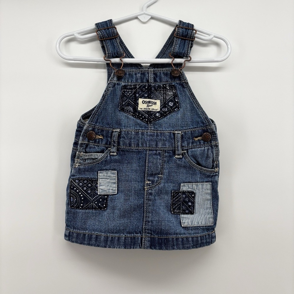 Oshkosh Girls Denim Bib Overall Dress Size 6M Adjustable Patchwork Quilt Soft